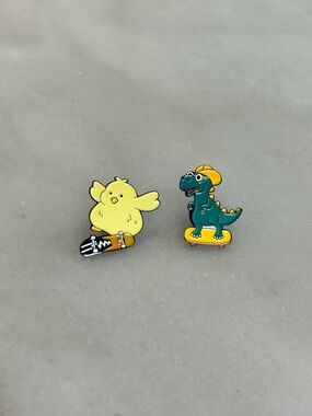 Cute Chick and Dino Skateboard Enamel Pin Set